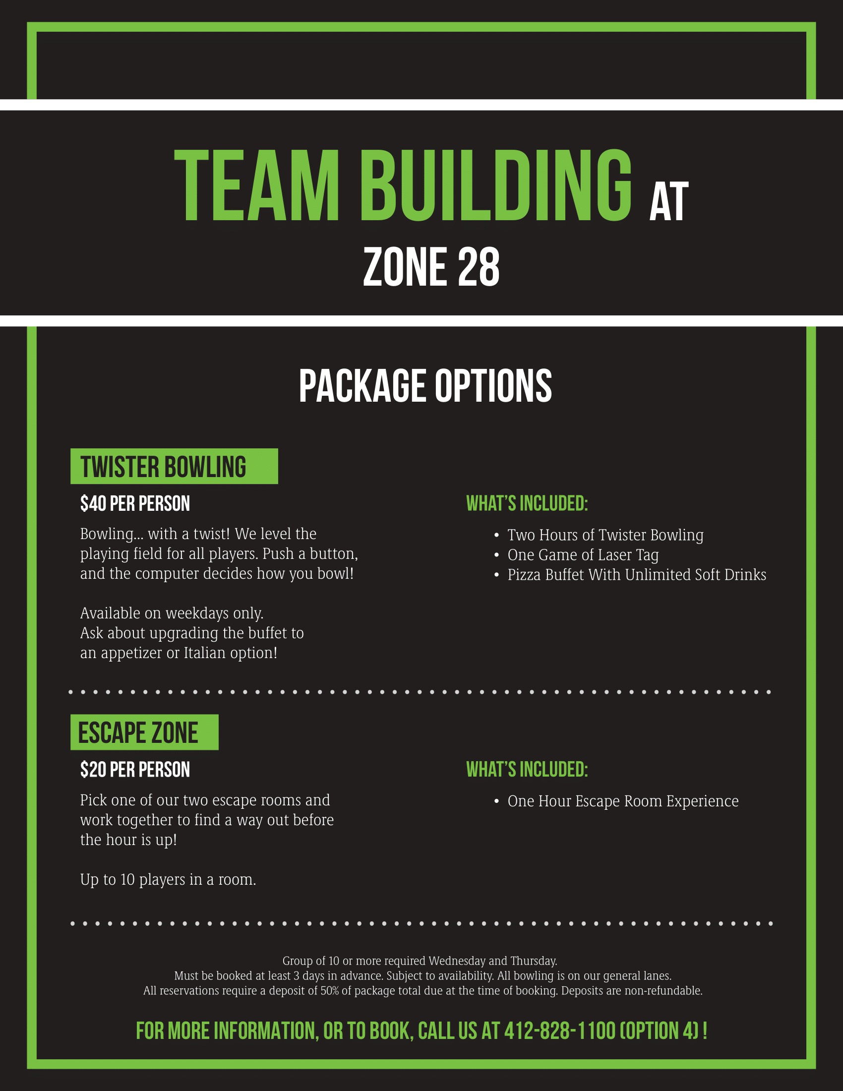 Zone 28 team building event flyer with package options and pricing