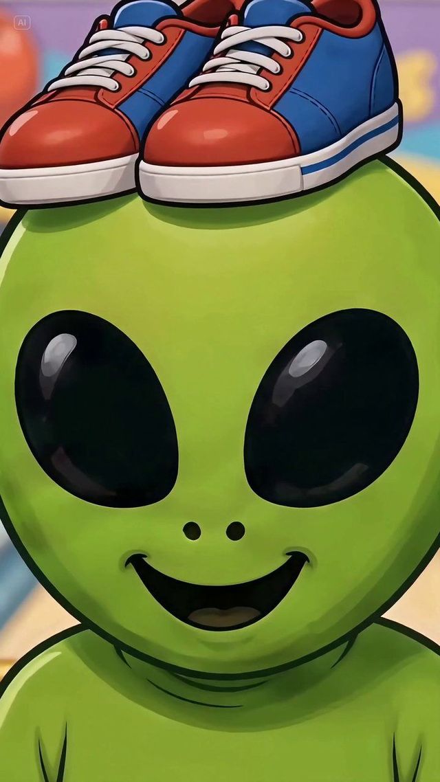 Cartoon of ENOZ, a lime green alien, grinning with a pair of bowling shoes on his head