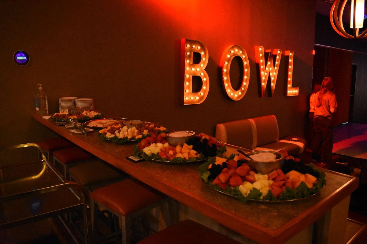 Catered fruit and cheese platters in Suite 28 at Zone 28 in Pittsburgh