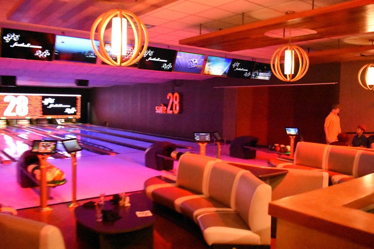 Private VIP bowling lanes and lounge seating in Suite 28 at Zone 28 in Pittsburgh