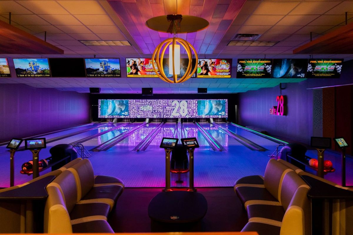 Private VIP bowling lanes and lounge seating in Suite 28 at Zone 28 in Pittsburgh