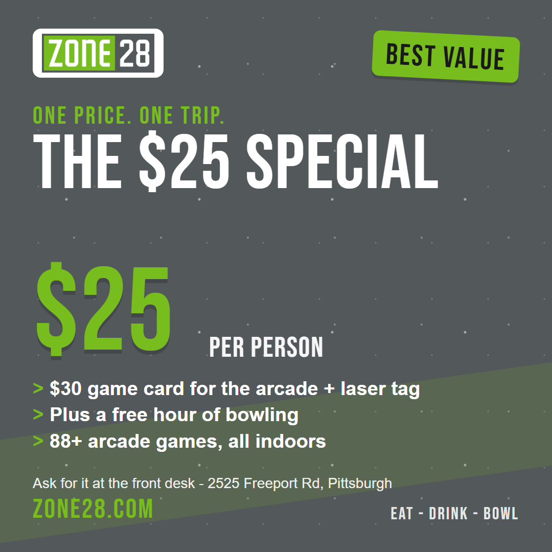 The $25 Special at Zone 28: $30 game card for the arcade and laser tag plus a free hour of bowling