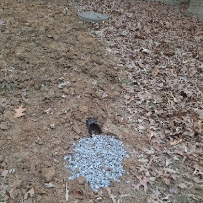 A pile of white gravel on a leaf-covered dirt path near a small pipe opening