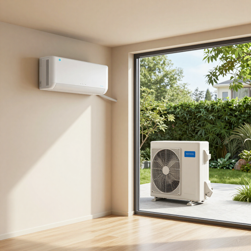 Bright room with a wall-mounted air conditioner and an outdoor AC unit visible through a large open doorway