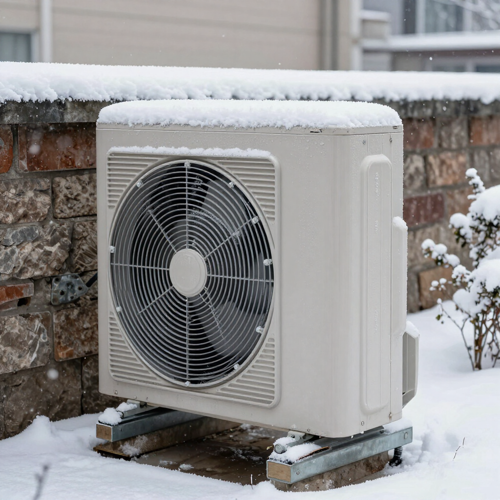 Snow-covered outdoor HVAC unit beside a brick wall and shrubs