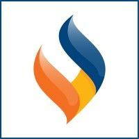 Abstract blue, orange, and yellow flame-like logo on a white background