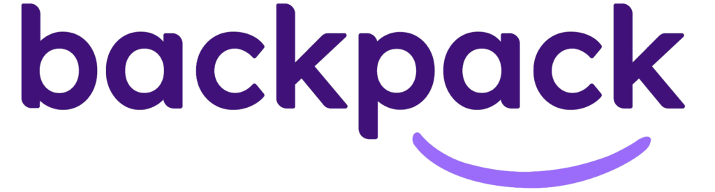 The word backpack is written in purple on a white background.