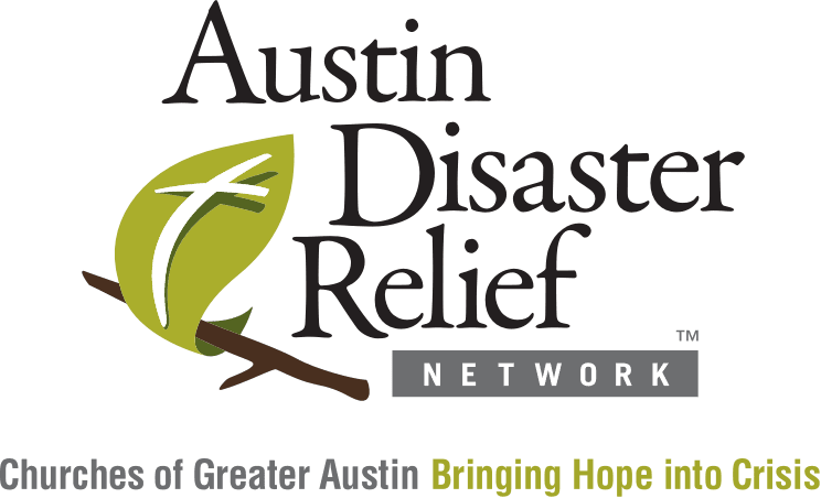 Austin Disaster Relief Network logo with green leaf and brown branch; Churches of Greater Austin, Bringing Hope into Crisis