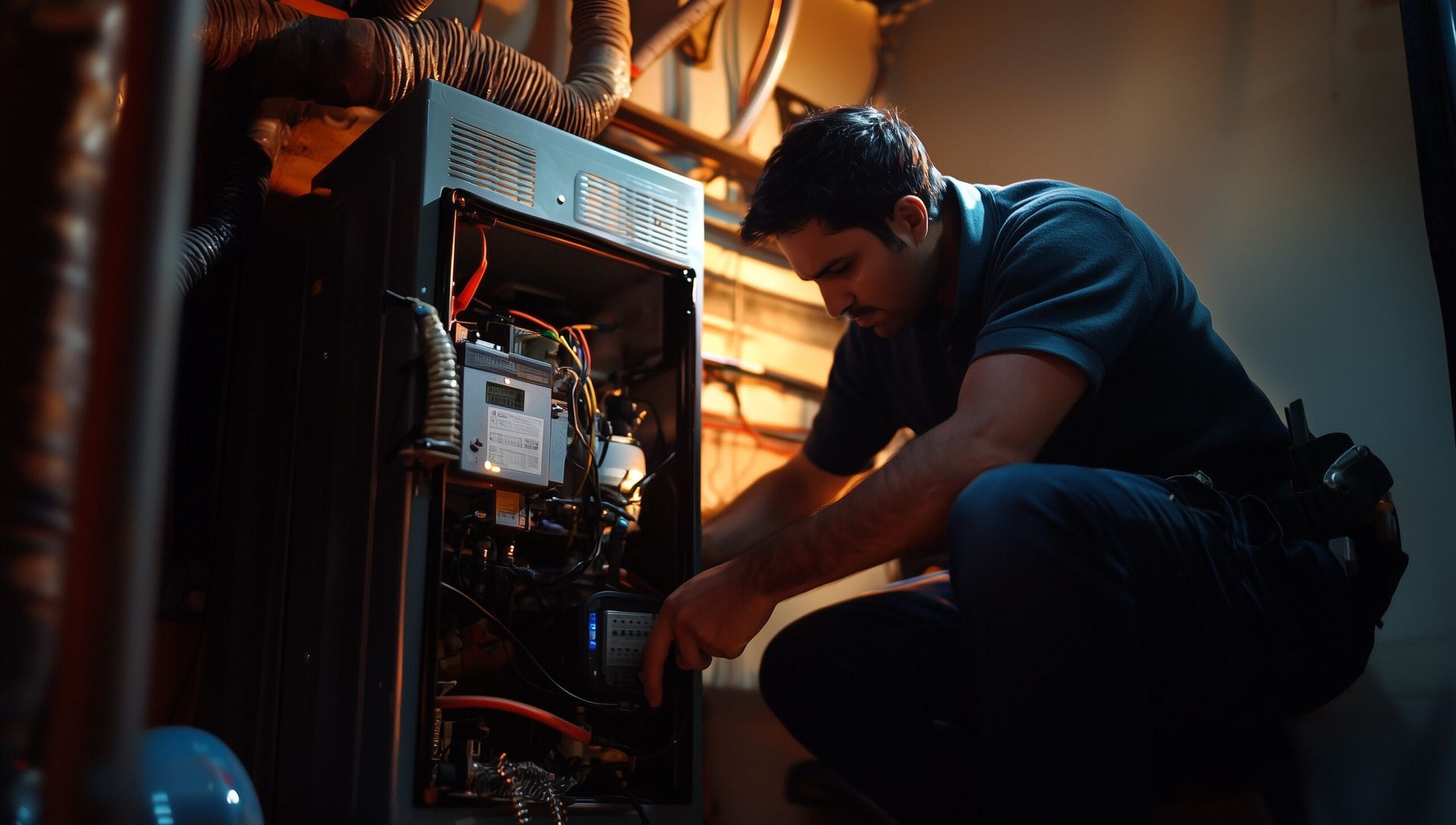 Technician kneeling beside an open electrical panel, inspecting wiring in a dim utility room