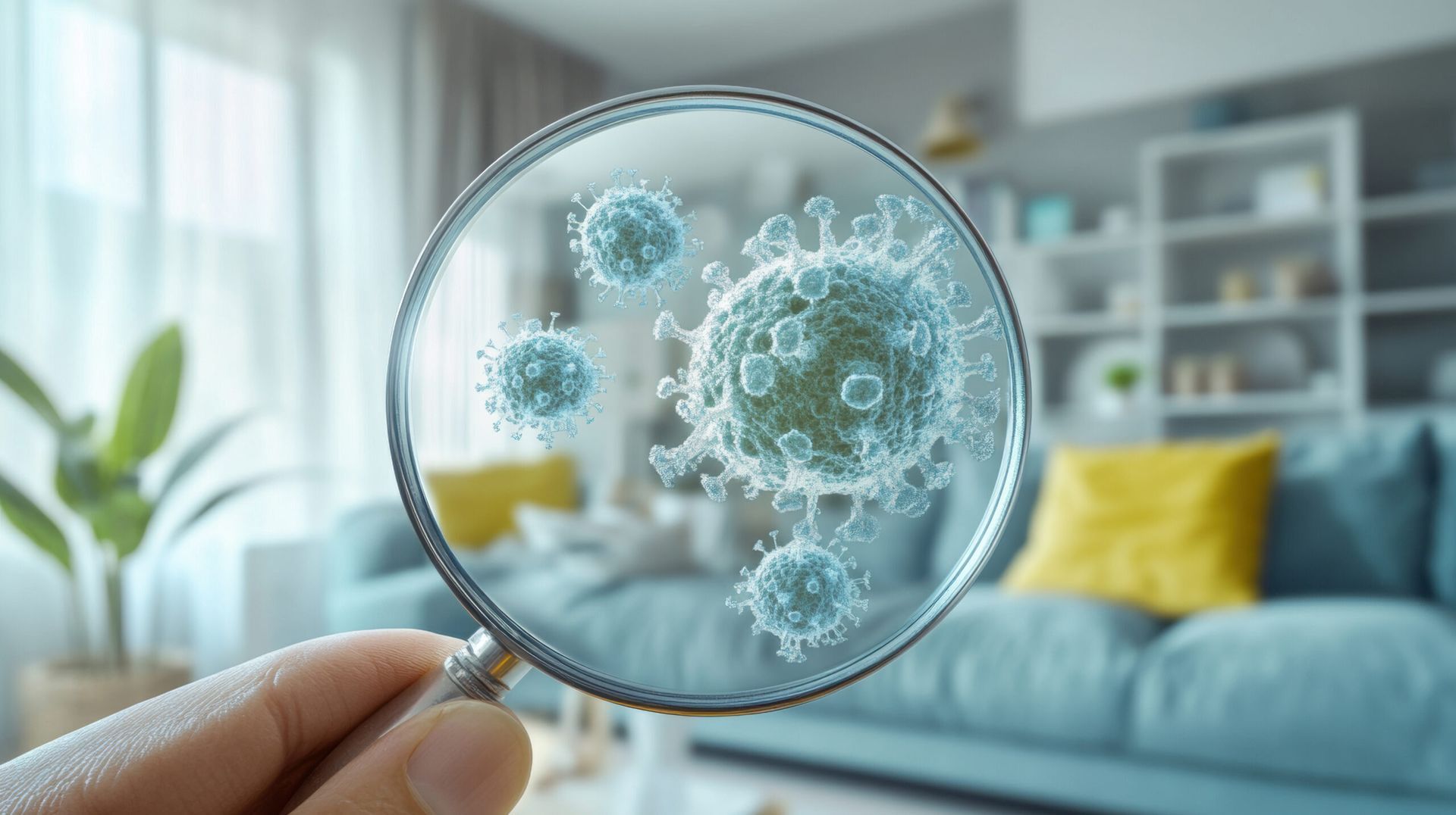 Hand holding a magnifying glass over microscopic germs in a bright living room