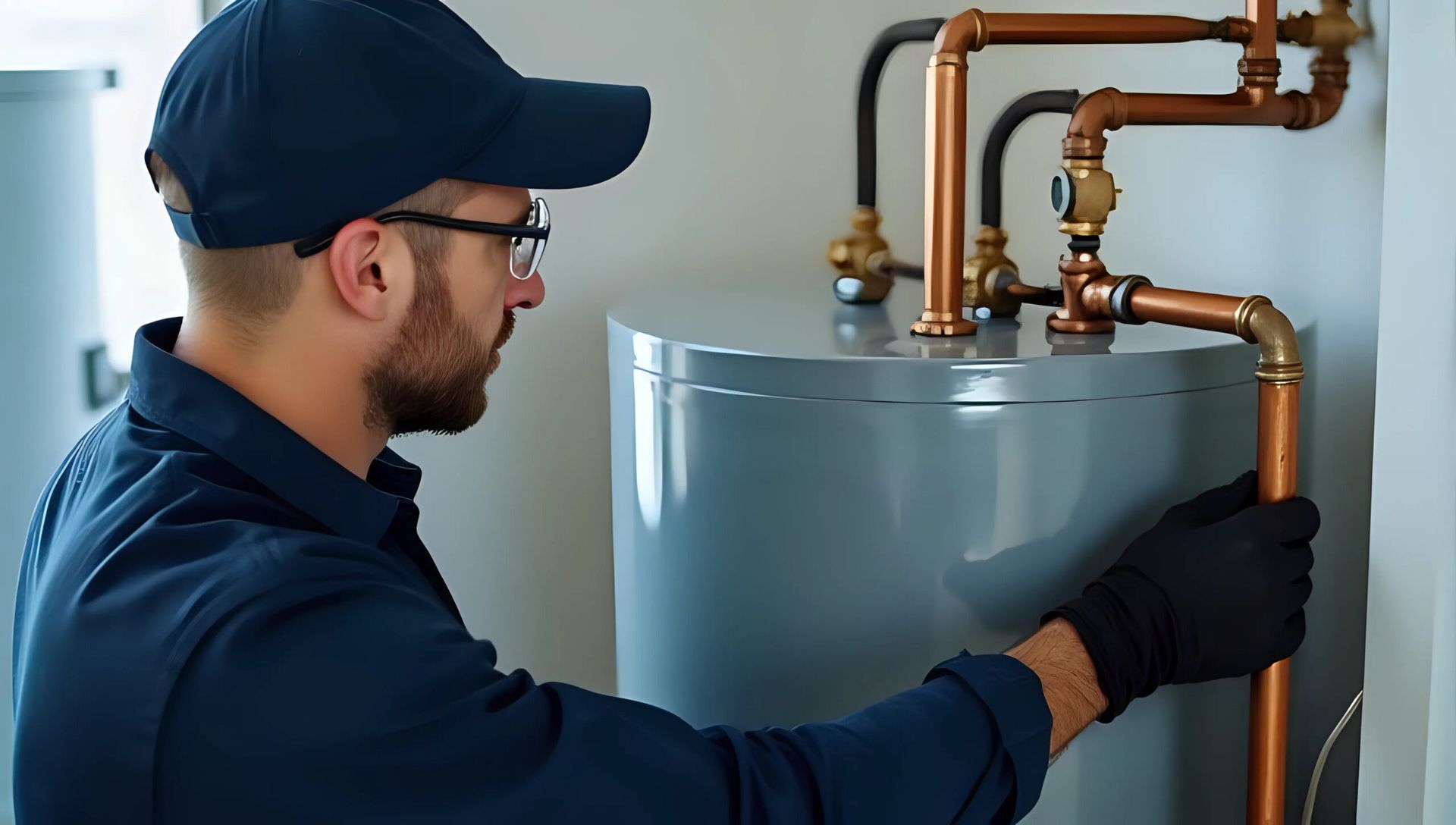 Plumber inspecting water heater and copper pipes in a utility room