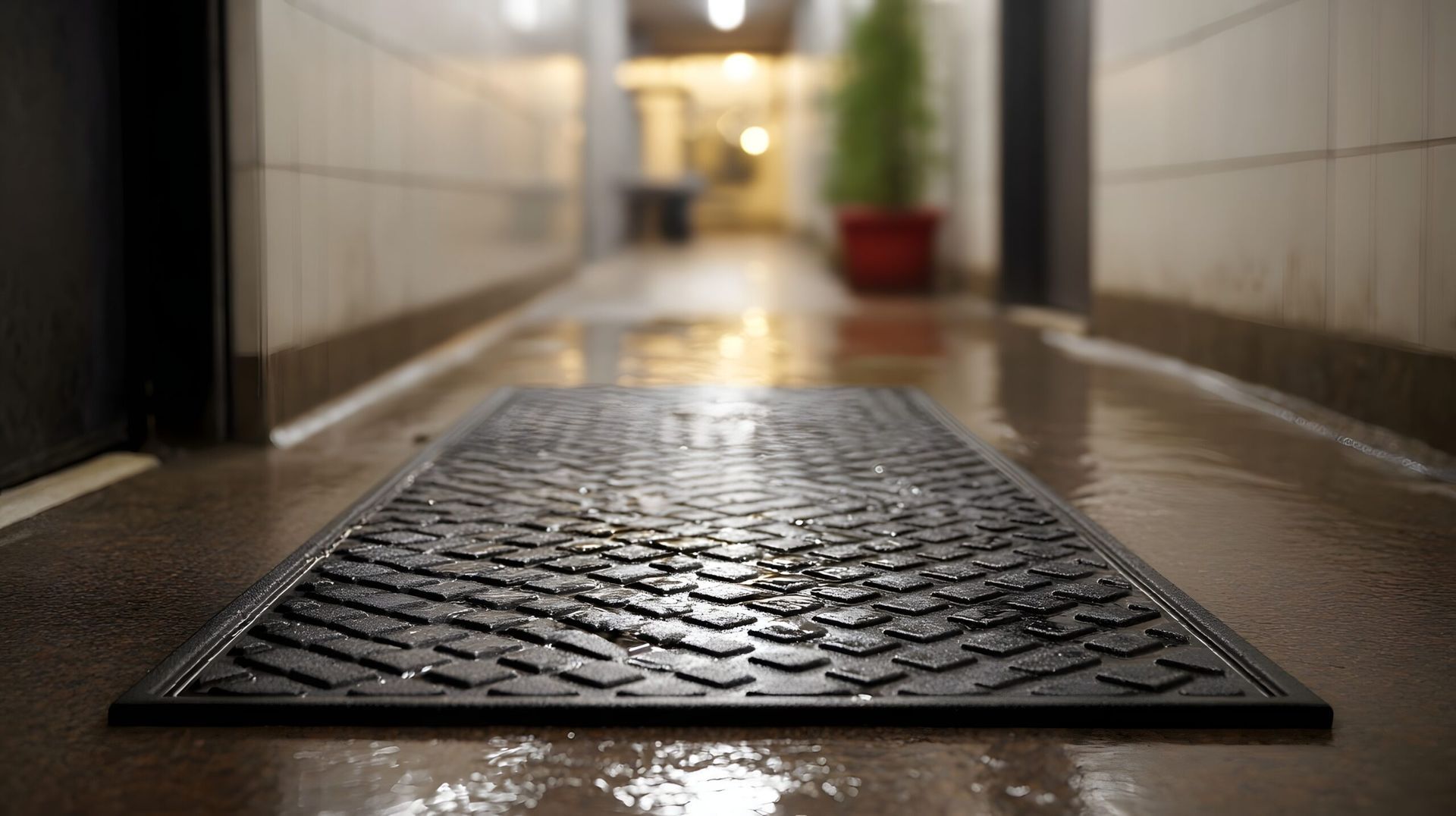 Wet metal grate in a narrow, dimly lit corridor with reflections on the floor.