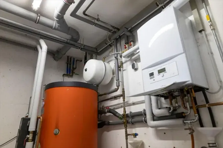 Utility room with boiler, orange hot water tank, and exposed pipes and vents.