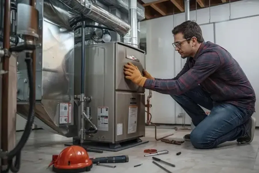Technician kneeling beside a water heater, inspecting a control panel in a basement utility room.