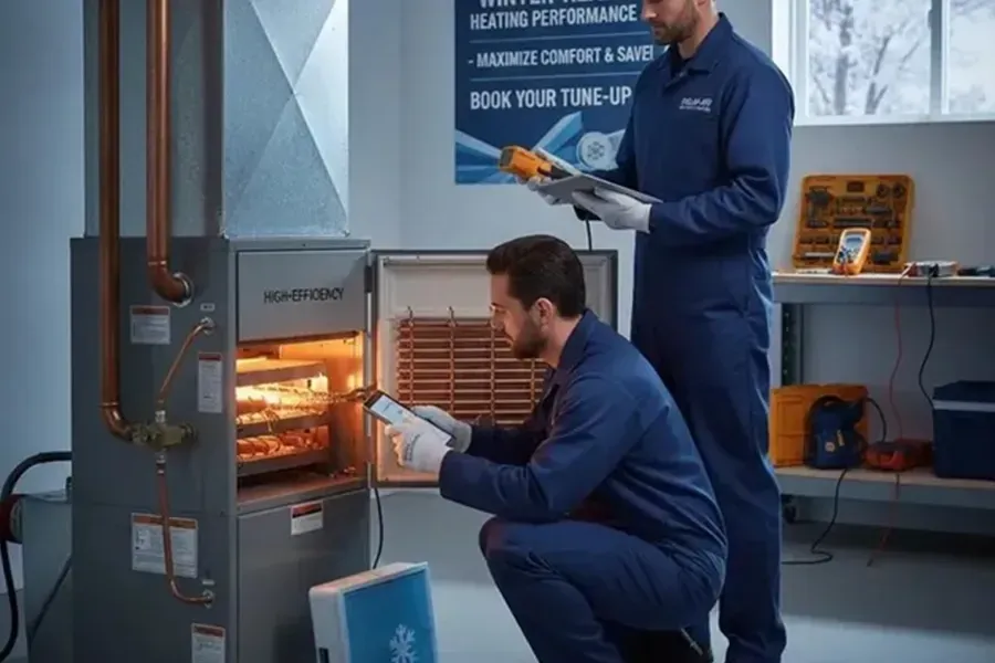 Two technicians in blue uniforms inspect a lit furnace in a utility room.