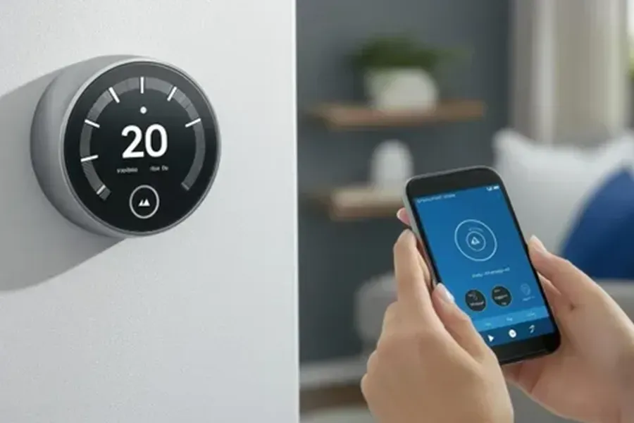 Smart thermostat on wall beside a person using a smartphone to adjust settings.