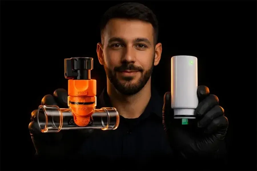Man holding two perfume bottles, one orange and one white, against a black background.
