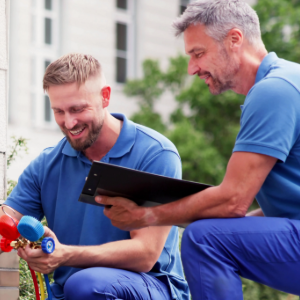 Two workers in blue uniforms inspect an outdoor air-conditioning unit with tools.