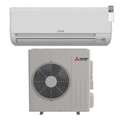 White wall-mounted Mitsubishi air conditioner with remote above matching outdoor condenser unit.