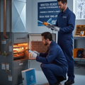 Two technicians in blue coveralls inspect a lit boiler in a utility room
