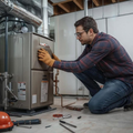 Technician kneeling beside a water heater, inspecting a control panel in a basement utility room.