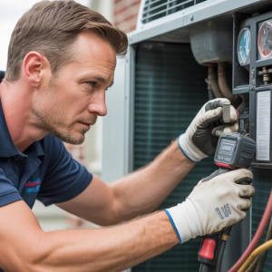 Technician inspecting electrical panel wiring with a multimeter in an outdoor utility box