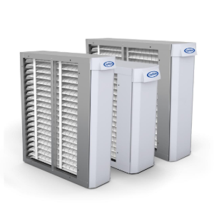 Three gray HVAC air filter units with pleated filters, shown on a white background