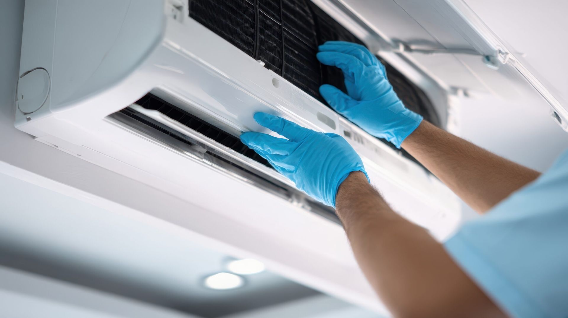 Technician in blue gloves cleaning a ceiling air conditioner vent and filter