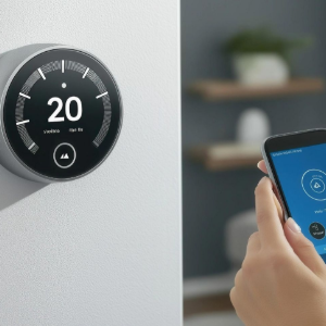 Smart thermostat on wall with a hand using a phone to adjust home temperature remotely