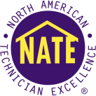 NATE logo with yellow letters in a purple ring reading North American Technician Excellence