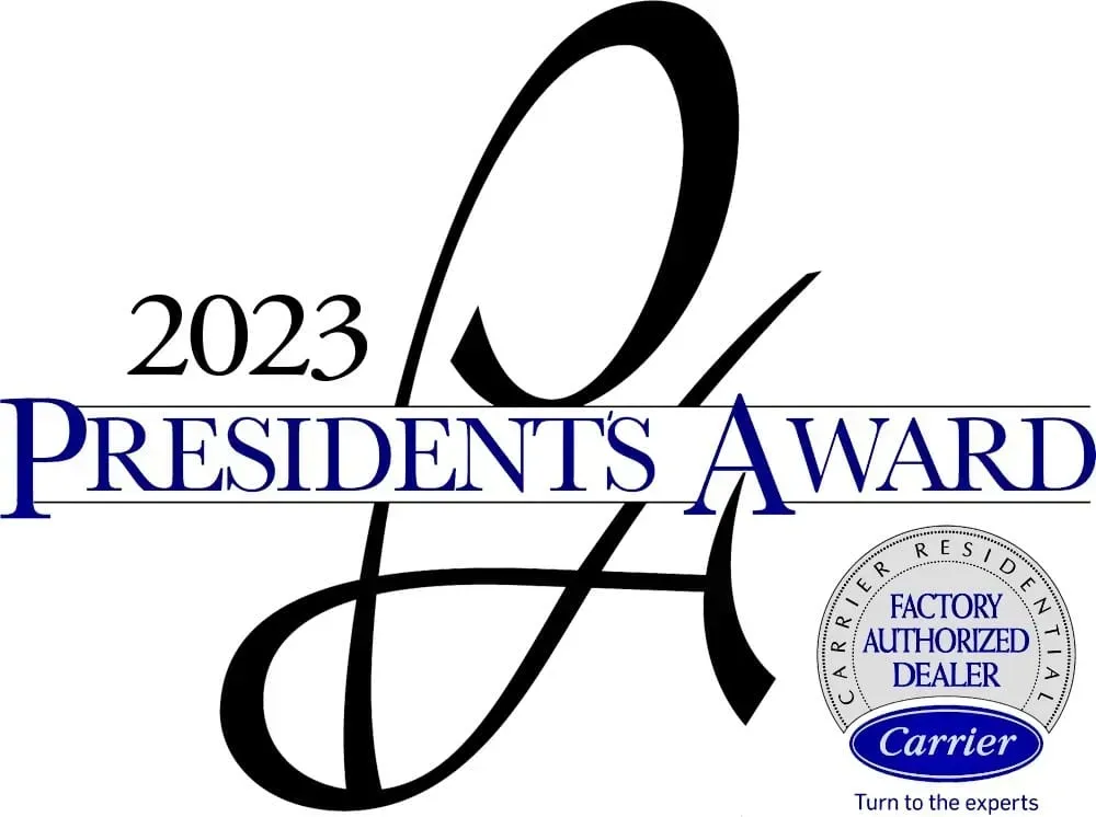 2023 Presidents Award logo with stylized “P A” and Carrier Factory Authorized Dealer seal