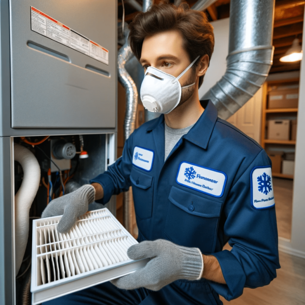 Technician in blue uniform and mask holding an HVAC air filter in a utility room