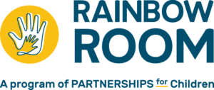 Rainbow Room logo with a yellow hand in a circle and blue text, “A program of PARTNERSHIPS for Children”