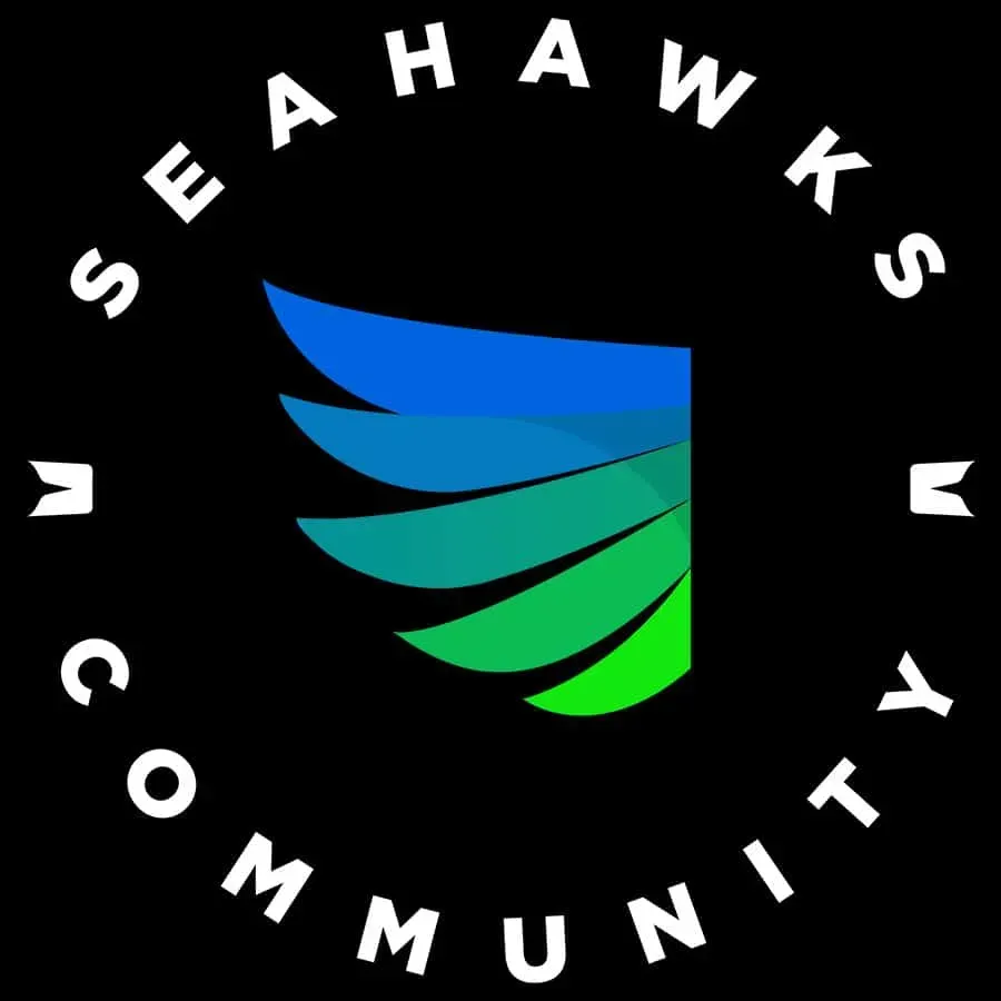 Seahawks Community logo with stylized blue-to-green wing on black background