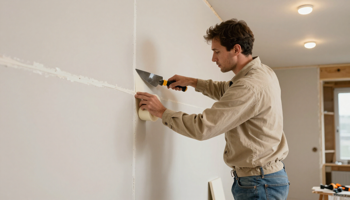 Worker taping and smoothing a vertical drywall seam during drywall service in Murfreesboro, TN