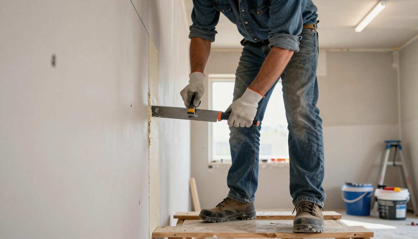 Worker sanding and finishing a drywall wall with a pole sander during drywall service in Murfreesboro, TN