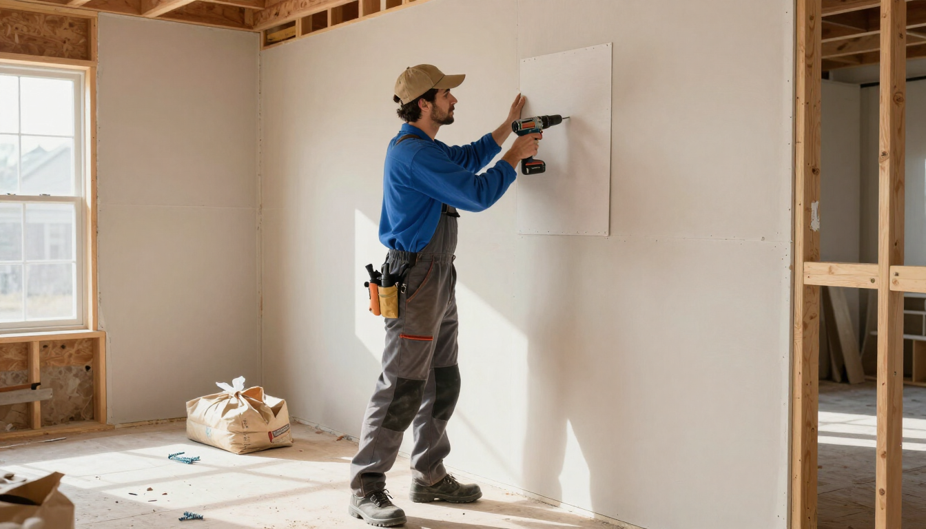 Worker installing a drywall patch panel inside a framed room for drywall service in Murfreesboro, TN