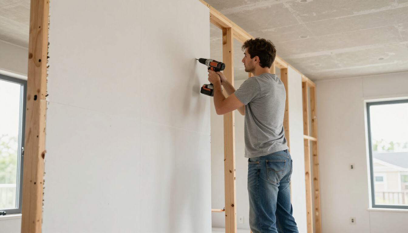 Worker fastening drywall to a tall interior wall during drywall service in Murfreesboro, TN