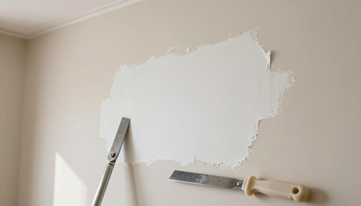 Drywall repair patch with joint compound, putty knife, and roller for drywall service in Murfreesboro, TN