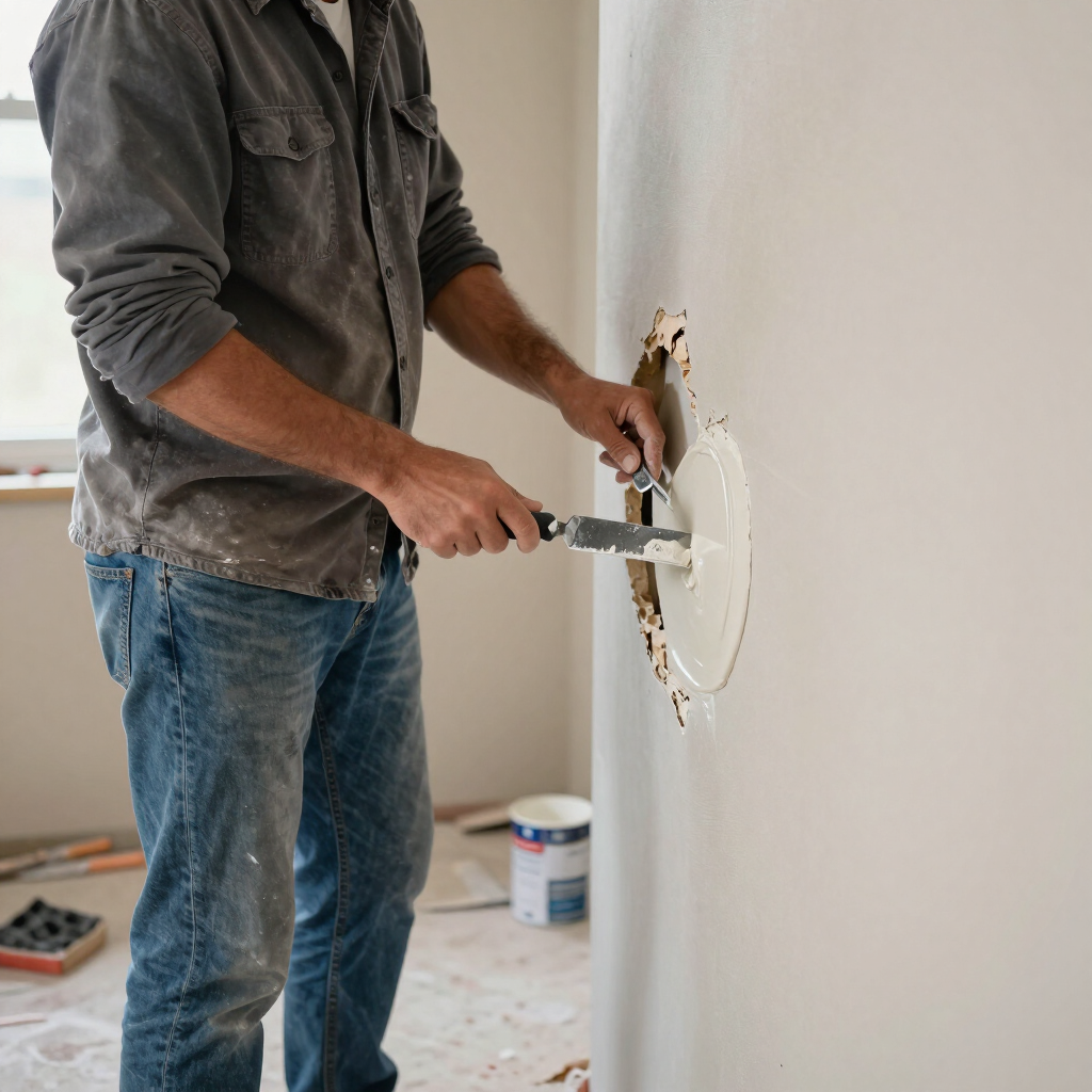 Worker patching a round drywall hole with joint compound during drywall service in Murfreesboro, TN