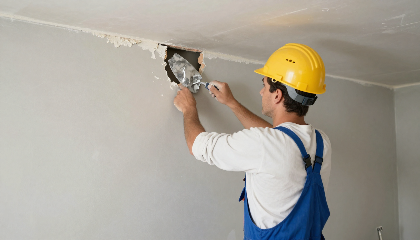Worker repairing a damaged ceiling corner with compound during drywall service in Murfreesboro, TN