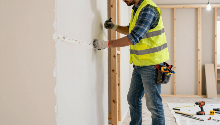 Worker measuring and cutting wall panels during drywall service in Murfreesboro, TN for precise drywall replacement job.