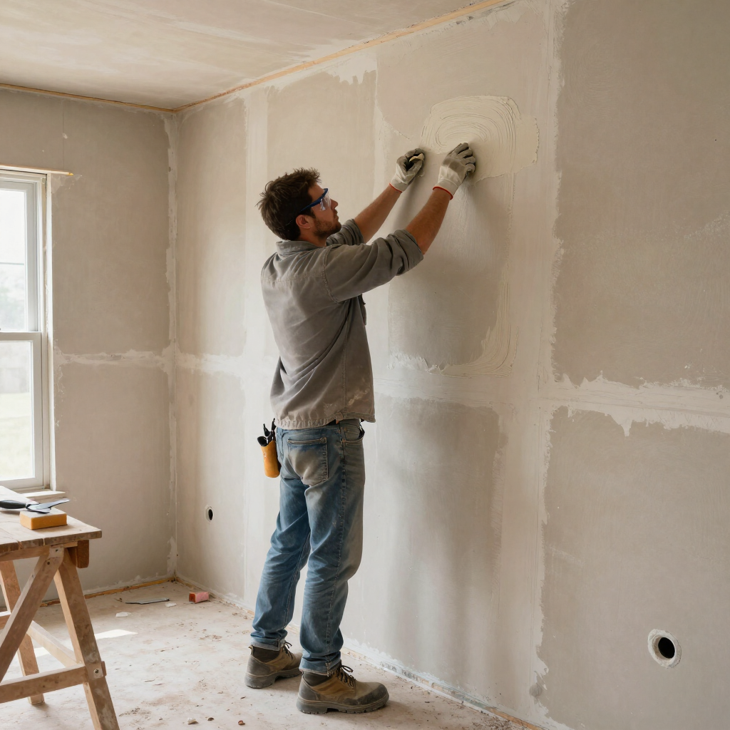 Worker smoothing joint compound on a wall during drywall service in Murfreesboro, TN for a seamless drywall replacement.