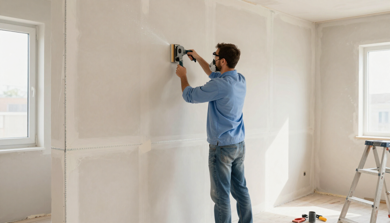 Contractor fastening replacement wall panels during drywall service in Murfreesboro, TN for a smooth, finished interior.