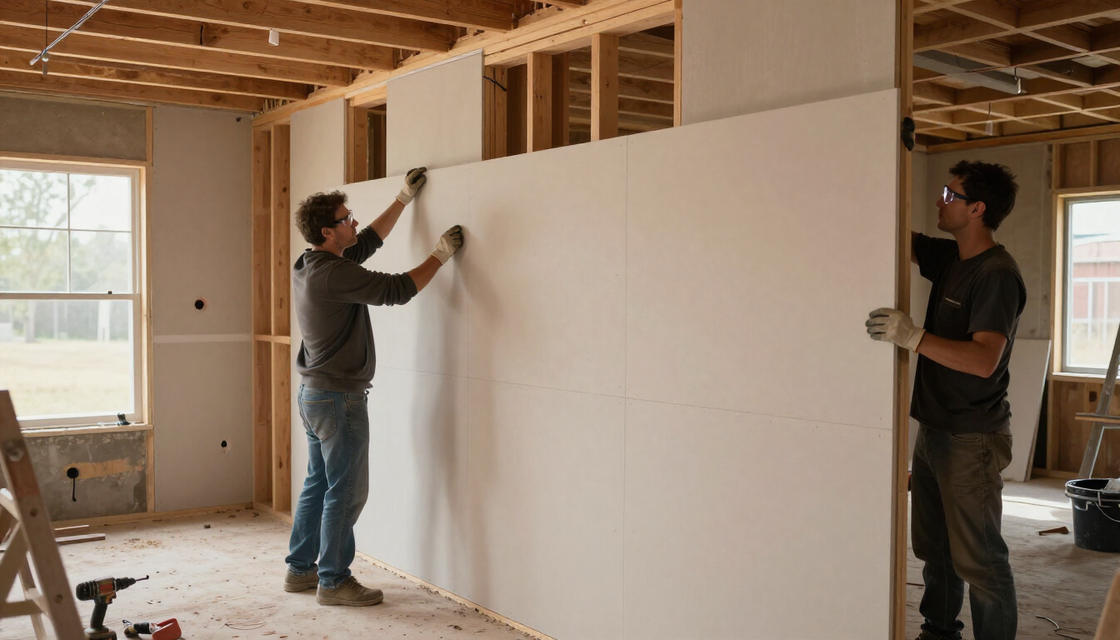 Workers aligning drywall sheets across a framed wall during drywall service in Murfreesboro, TN