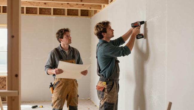 Worker drilling screws into a drywall panel while another holds plans for drywall service in Murfreesboro, TN