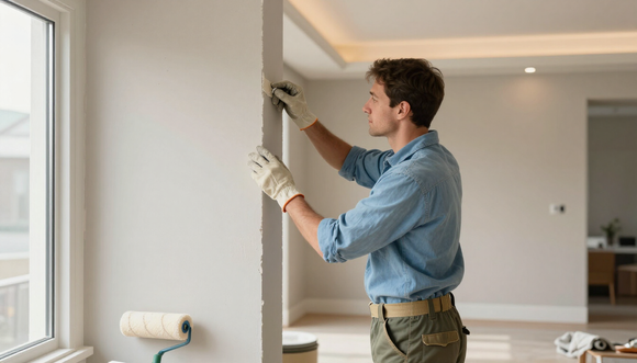Worker applying compound near a window to finish a wall for drywall service in Murfreesboro, TN