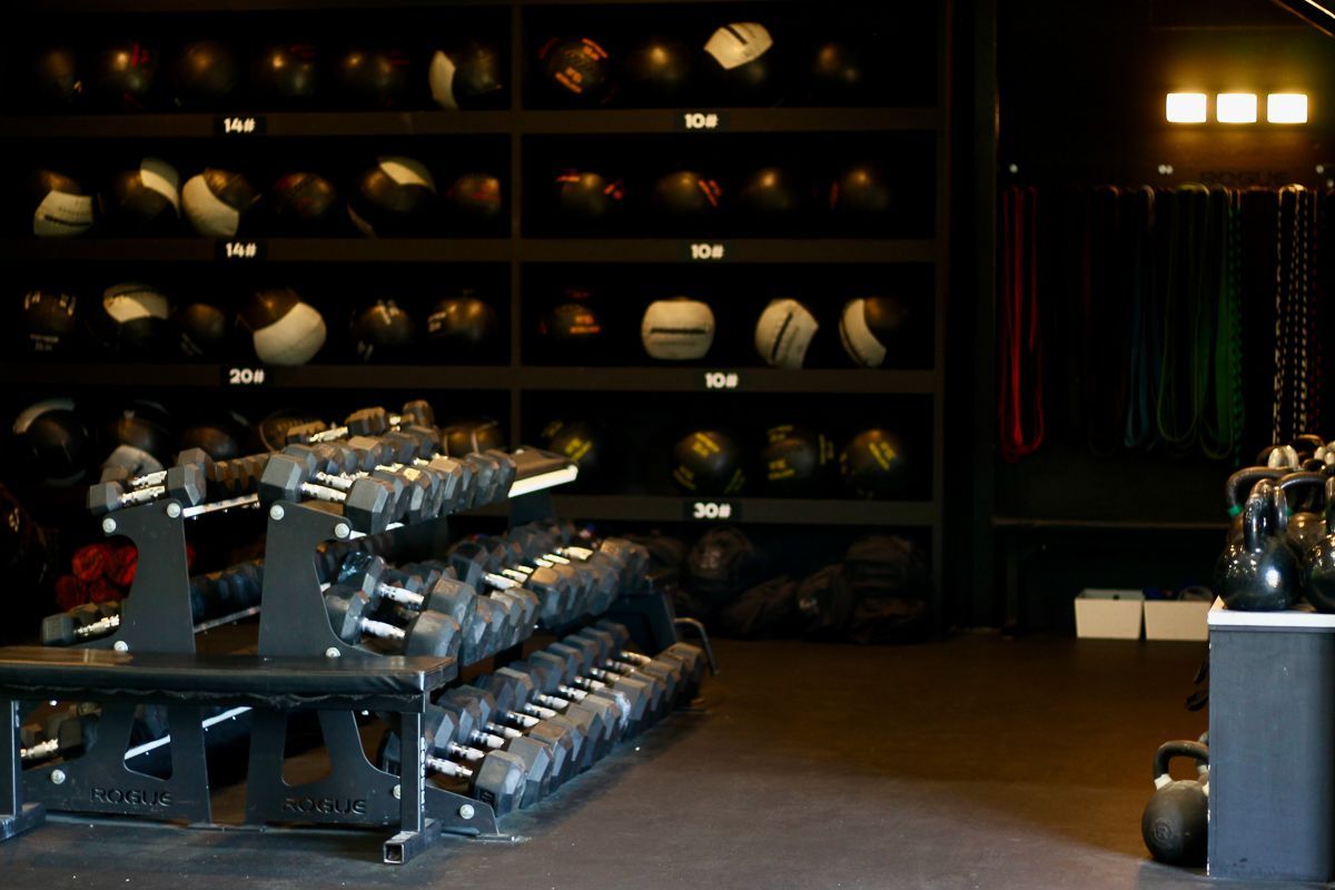 Gym interior with weights, kettlebells, and medicine balls on shelves. Dark setting.