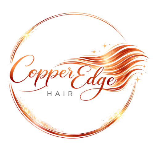 A circular logo featuring metallic copper hair waves, with the text 