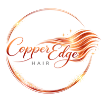 A circular logo featuring metallic copper hair waves, with the text 